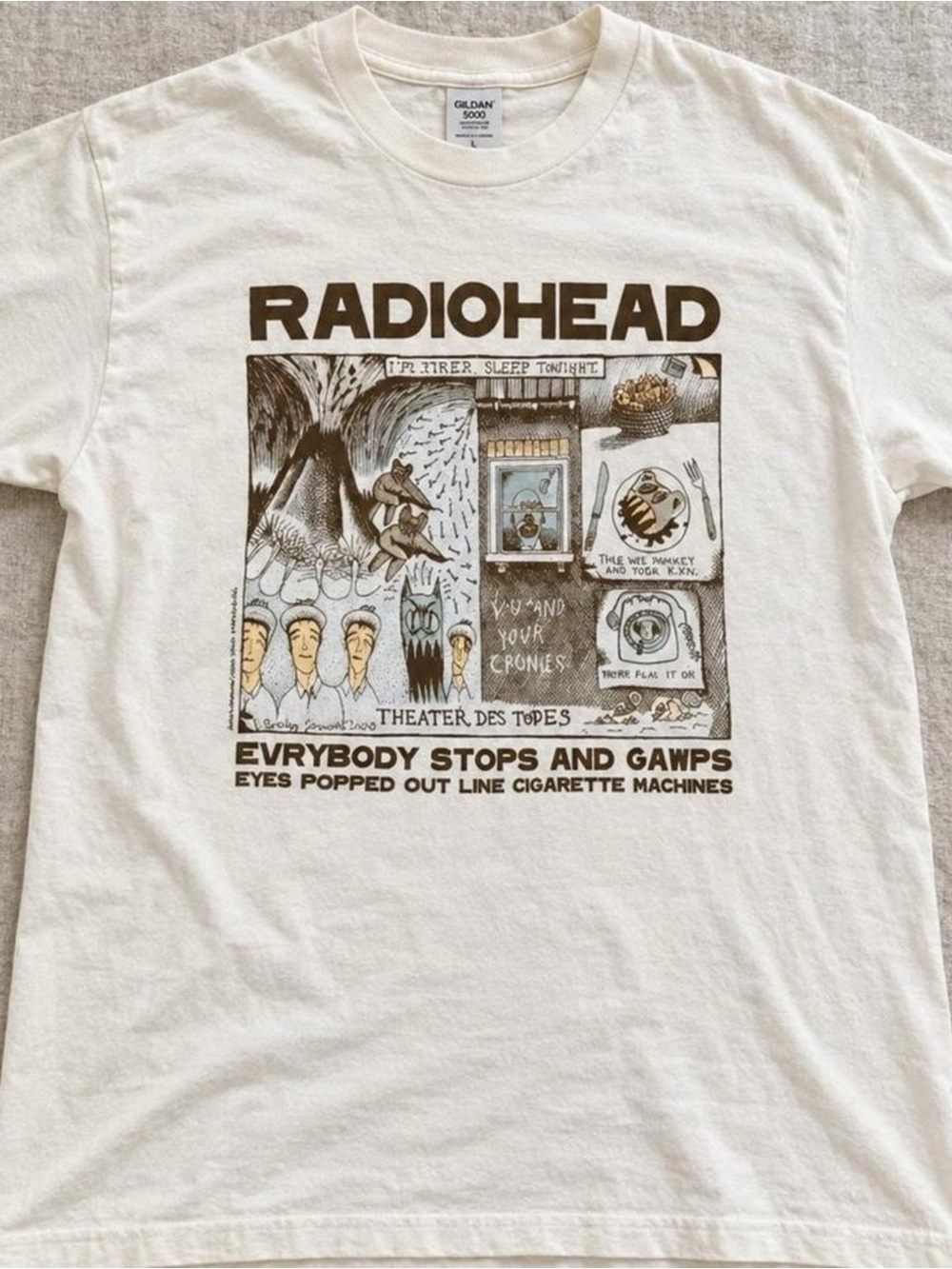 Gildan White Radiohead Graphic Tee with Brown Print